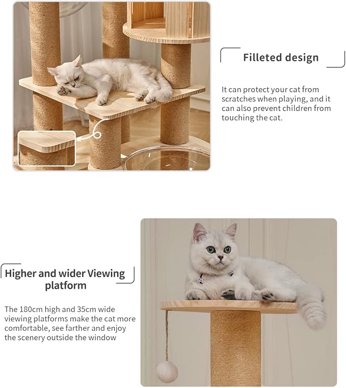 73" Tall Real Solid Wood Cat Tower with 2 Space Capsule Cat Beds, Top Bed,Thick Sisal Scratching Posts, Multi Cat Tree for Large Cats 20 lbs Heavy Duty, Cat Condo Furniture for Active Cats