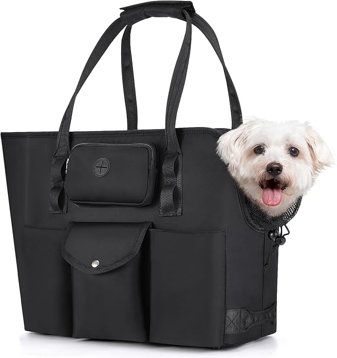 SlowTon Dog Purse Carrier - Portable Dog Carrier with Pockets & Safety Leash for Small Dogs Under 12 lbs, Breathable Pet Tote Bag for Cat Rabbit Outing, Travel, Vet (Black)