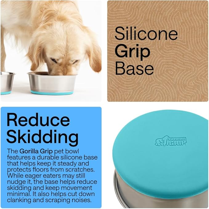 GORILLA GRIP Dog Bowls, Food Grade 304 Stainless Steel Holds 6 Cups Each (48 fl oz) Food and Water Bowl for Feeding Dogs and Cats Dishwasher Safe Rust Resistant BPA Free Rubber Base Set of 2 Turquoise