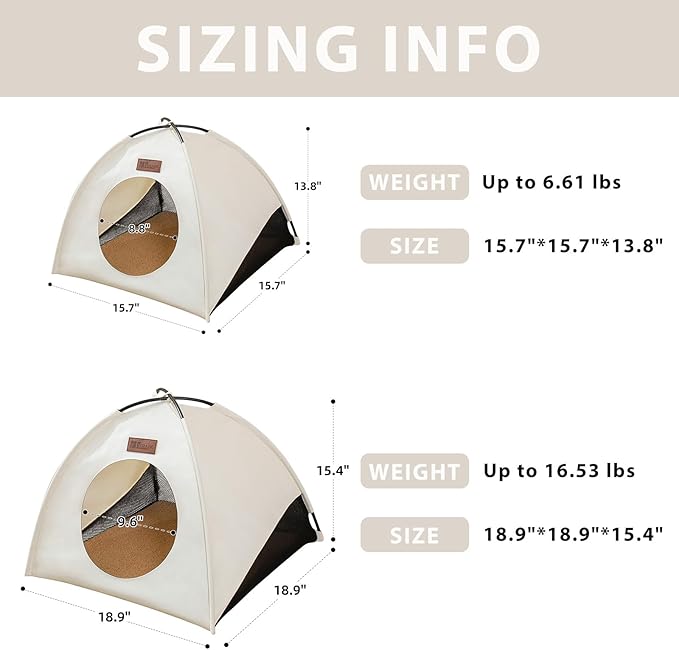 Waterproof Cat House with Removable Cushion for All Seasons, Portable Pyramid Cat Cave Bed for Cats & Small Dogs, No Assembly Folding Pet Tent,15.7x15.7x13.8, White
