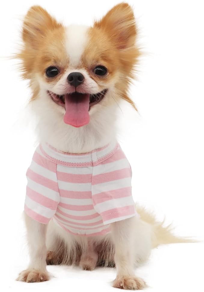 LOPHIPETS 100% Breathable Cotton Striped Dog Tee Shirt T-Shirt for Small Dogs Chihuahua Puppy Clothes -Pink and White Strips/XL