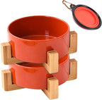 Petygooing Ceramic Dog Bowl Set with Stand, Small Cat Dog Food and Water Bowl, Anti-Slip Set of 2 Bowls - 13.5 OZ (5.1In / 1.7 Cups) Rust Red