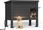 DRATO Indoor & Outdoor Resin Dog House with Raised Floor, Heated Pad and Easy Assembly - Small Breed Shelter Featuring Louvered Vents, Spiked Legs, and Sloped Roof,Black