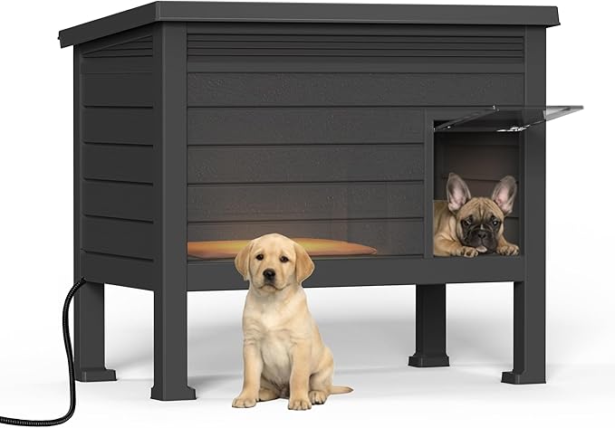 DRATO Indoor & Outdoor Resin Dog House with Raised Floor, Heated Pad and Easy Assembly - Small Breed Shelter Featuring Louvered Vents, Spiked Legs, and Sloped Roof,Black