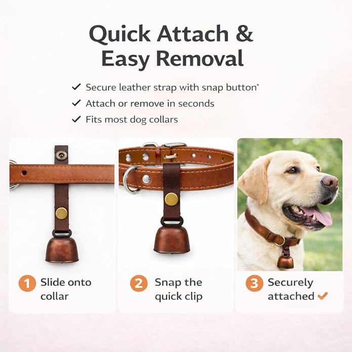 kcrygogo Leather Dog Collar Bell with Quick-Release Snap Buttons Training Bells with Leather Button Strap and Pet Anti- Lost Silver Pendant ID Tags (2Sets)