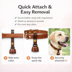 kcrygogo Leather Dog Collar Bell with Quick-Release Snap Buttons Training Bells with Leather Button Strap and Pet Anti- Lost Silver Pendant ID Tags (2Sets)