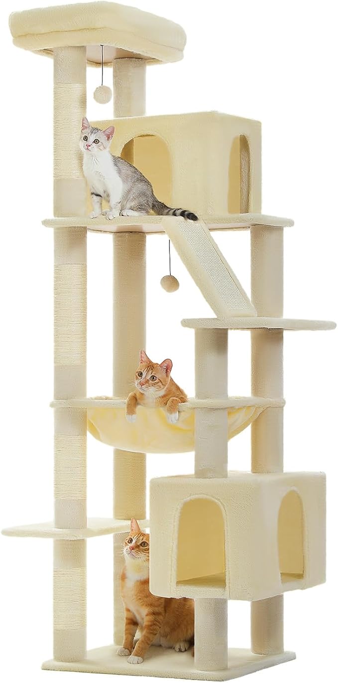 71" Tall Cat Tree for Large Cat 20 lbs with Super Large Hammock, Heavy Duty Cat Tower with 4 Sisal Scratching Posts & 2 Spacious Condos for Big Adult Cats Maine Coon-Beige