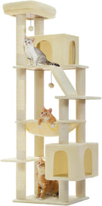 71" Tall Cat Tree for Large Cat 20 lbs with Super Large Hammock, Heavy Duty Cat Tower with 4 Sisal Scratching Posts & 2 Spacious Condos for Big Adult Cats Maine Coon-Beige