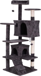 ZENY 54 Inch Cat Tree, Indoor Cat Tower Condo, Multi-Level Cat House with Sisal-Covered Scratching Post + 2 Play House, Pet Cat Furniture, Grey