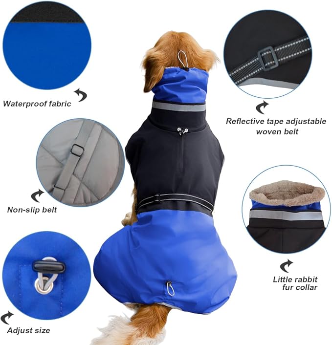 Waterproof Dog Winter Coat, Reflective Turtleneck Fleece Jacket with Snow Protection for Large Dogs, Cold Weather Pet Clothing (Blue, XL)