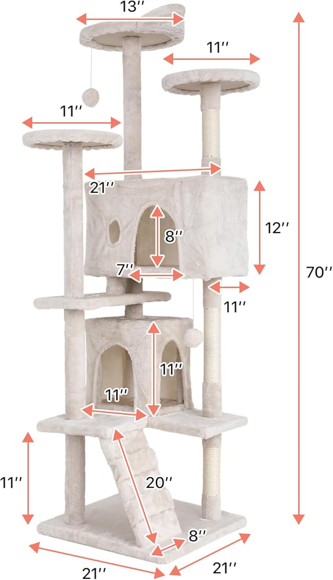 Cat Tree with Scratching Post,Cat Tower House for Indoor Large Adult Cats Kittens,21" Multi-Level Activity Cat Cando Furniture,Beige
