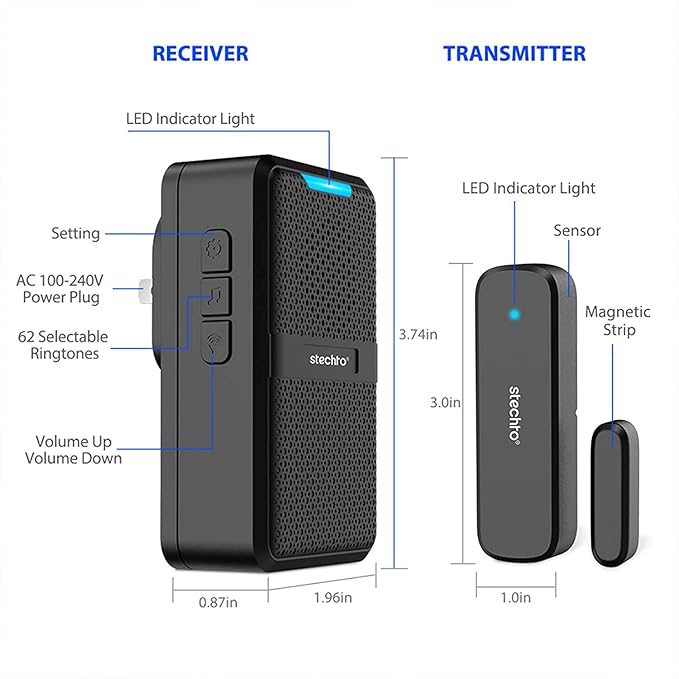 STECHRO Door Chime, 600ft Range 1 Magnetic Door Alarm Sensor 2 DoorBell Plugin Receiver Set with 62 Tunes 5 Adjustable Volumes for Business/Home/Office/Stores (2 Receivers + 1 Sensor)