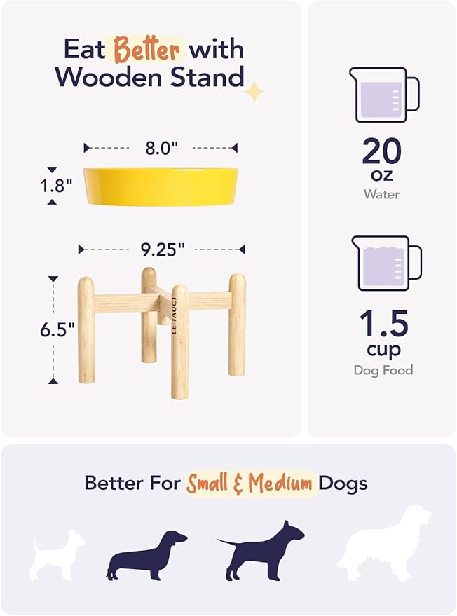 LE TAUCI Ceramic Slow Feeder Puzzle Bowl Elevated 1.5 Cup with Wooden Stand for Small & Medium Dog, Fast Eater Food Bowl, Star Yellow