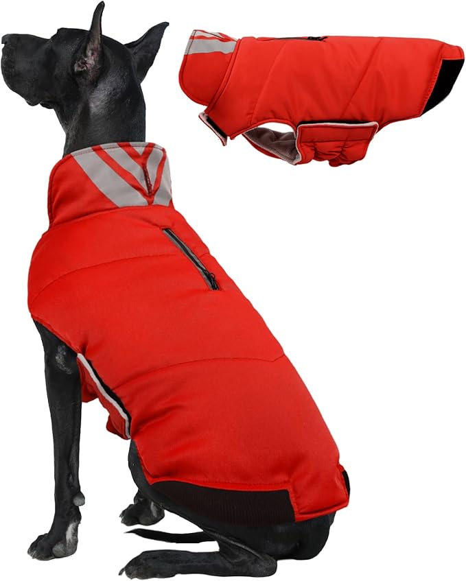 Kuoser Dog Coat Large, Cold Weather Reflective Waterproof Dogs Jacket with Warm Fleece Lining, Turtleneck Dog Winter Coat with Zipper, Doggy Snow Jacket Pet Coats for Small Medium Large Dogs, Red 2XL