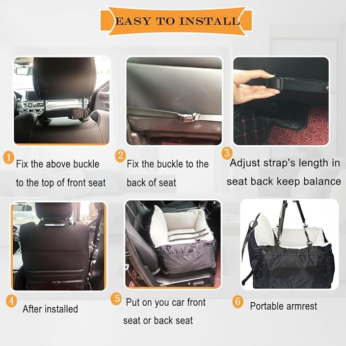Small Dogs Car Seat,Fully Detachable and Washable Ultra Soft Car Travel Bed, with Clip-on,Two Portable Handle and Storage Pockets Puppy Dog Booster Seats,Portable DogCar Travel Carrier Bed