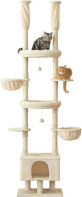 Cat Tree, Floor to Ceiling Cat Tower Adjustable Height [92.9-102.4 in=235-258cm], 7 Tiers Cat Climbing Play House with Scratching Post, Cozy Condo & Hammocks for Indoor Cats, Beige