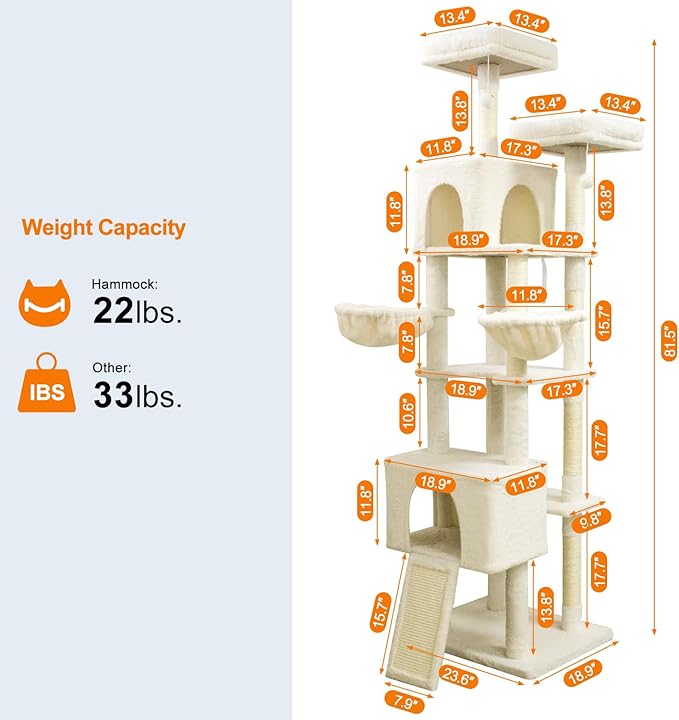 82" Tall Cat Tree,Giant Cat Tree for Indoor Cats Large Adult, Heavy Duty Cat Tree Tower, Extra Large Cat Trees with Scratching Posts, Cat Condos, Hammock,Top Perch,Ramp (Beige)