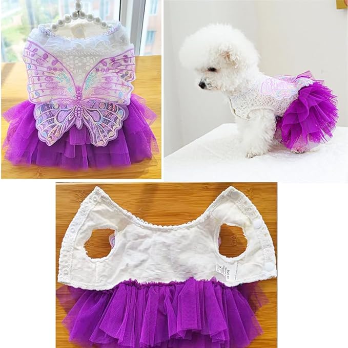 ANIAC Butterfly Dog Dress with Purple Tutu Funny Pet Clothes with Wing Girl Puppy Dress for Small Dogs Pet Butterfly Costume Holiday Cat Outfit for Halloween Birthday Wedding (Purple, Medium)