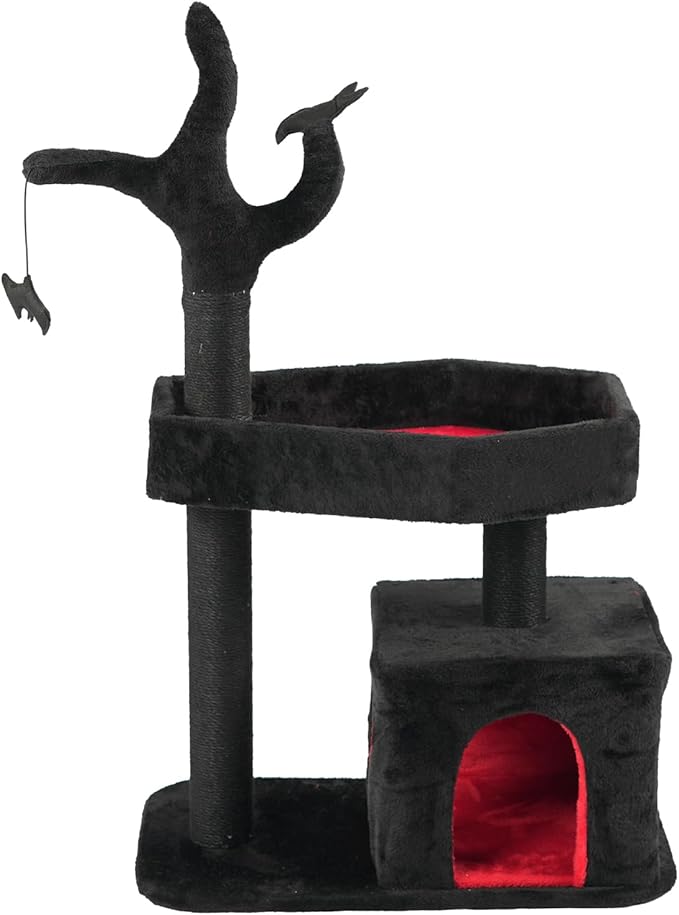 Gothic Cat Tree, Halloween Black Goth Cat Tower with Bat Toy & Playful Hole, Indoor Spooky Cat Trees Stand Climber Pole with Hanging Spiders Bats for Kitten, Black Red, Small