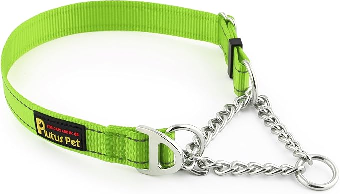 Plutus Pet Martingale Dog Collar with Stainless Steel Chain and Reflective Nylon, Adjustable No Pull Training Collar, for Small Medium, and Large Dogs, Lime Green, M
