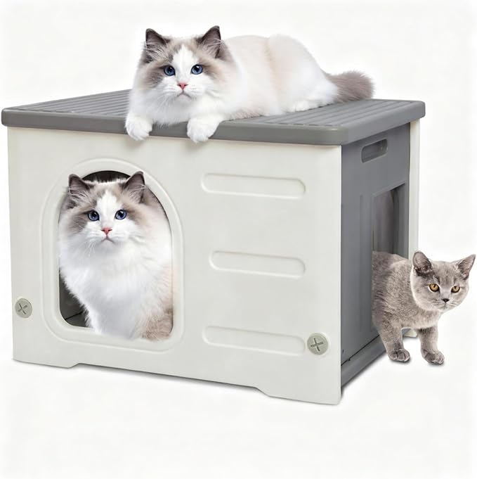 Hicaptain Cat Houses for Indoor Cats with Escape Door Plastic Outdoor Cat House Puppy Feral Cat Shelter for Small Medium Pets-Grey