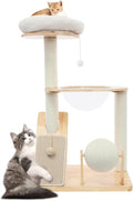 Cat Tree Tower, Wooden Cat Tree with Scratching Ball & Capsule Bed, Modern Multifunctional Cat Tower, Natural Rubberwood & Sisal Construction with Sloped Scratching Pad for Indoor Cats