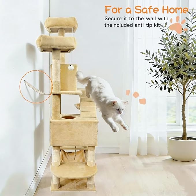 Pawly 70" Extra Tall Cat Tree with Dual Hammocks & Enlarged Condos, Premium CARB P2-Compliant Particle Board, 350G Plush Natural Sisal Cat Tower for Big Cats & Multi-Cat Families, Beige