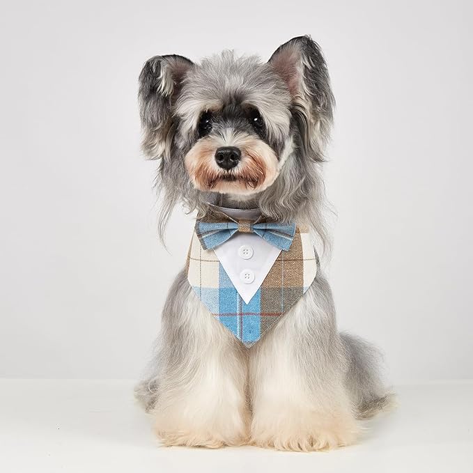 Fall Dog Tuxedo Bandana, Orange Plaid Pet Collar with Bowtie, Adjustable Halloween Thanksgiving Dog Tux Costume for Small to Extra Large Pets