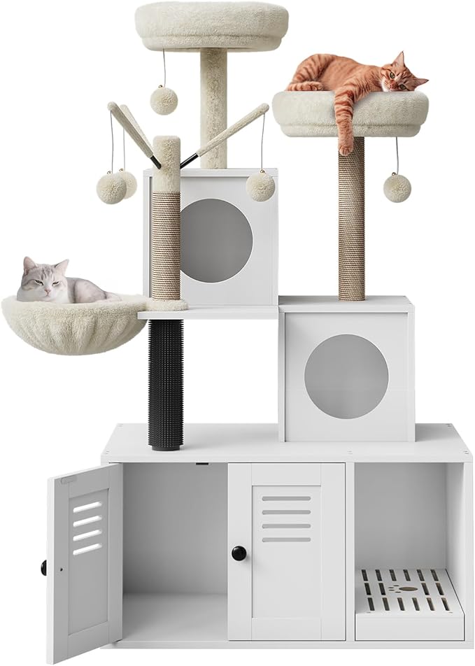 GAOMON Multi-Level Cat Tree Tower with Cat Scratching Posts, Litter Box Enclosure, Cat Houses & Condos | Hanging cat Toys, for Kittens & Adult Cat, Easy to Assemble, White Box & White Trees
