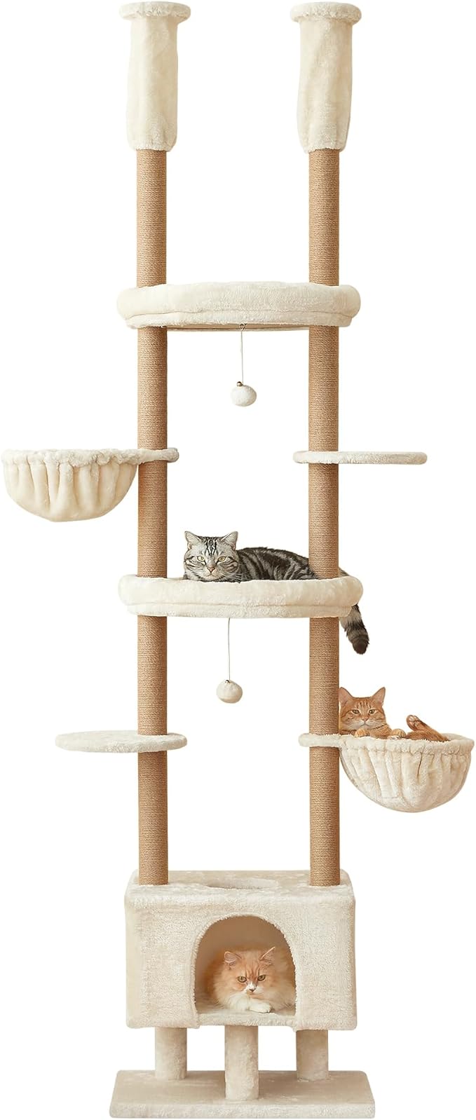 Cat Tree, Floor to Ceiling Cat Tower Adjustable Height [92.9-102.4 in=235-258cm], 7 Tiers Cat Climbing Play House with Fully Sisal Scratching Post, Cozy Condo & Hammocks for Indoor Cats, Beige