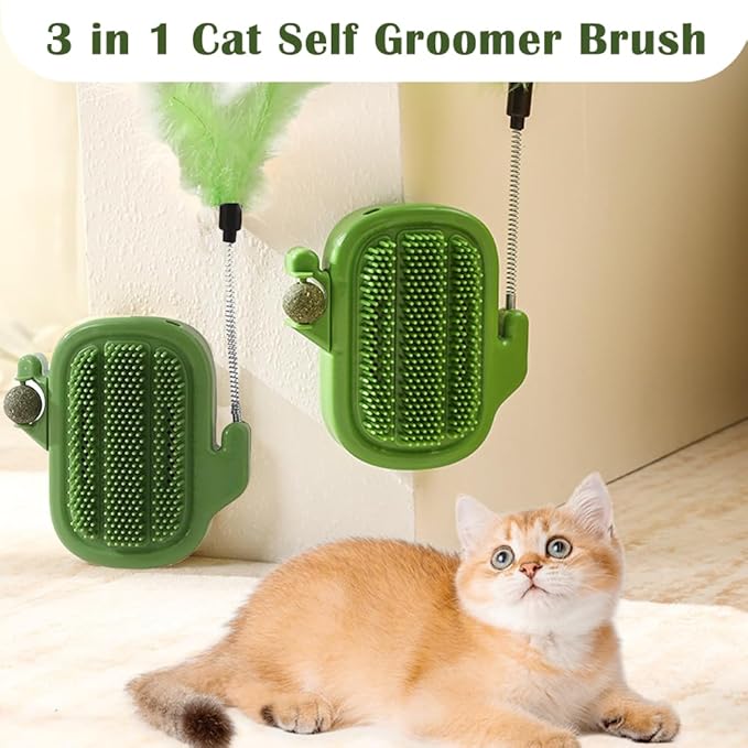 3 in 1 Cat Self Groomer Brush, Cactus Style Wall Corner Massage Comb Scratcher with Feather Toys & Catnip Ball for Indoor Cats, Pet Tickling Artifact, Cat Face Scratchers for Fur Pets