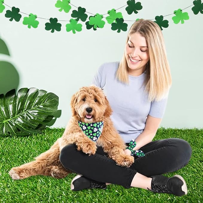 E-Clover St Patrick Dog Bandana Boy & Matching Scrunchie Set Shamrock Lucky Dog Bandanas Scarf with Bow Hair Ties for Small Puppy Dogs Pet Owner Mom Green Spring