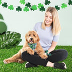 E-Clover St Patrick Dog Bandana Boy & Matching Scrunchie Set Shamrock Lucky Dog Bandanas Scarf with Bow Hair Ties for Small Puppy Dogs Pet Owner Mom Green Spring