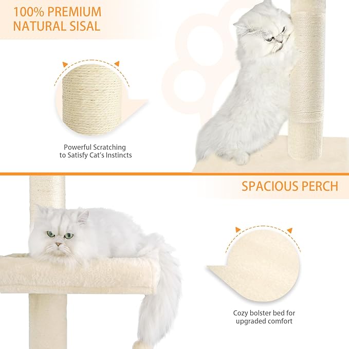 Floor to Ceiling Cat Tree, Cat Tower with Adjustable Height 98-110 Inches, 5 Tiers Tall Cat Tree Floor to Ceiling with Cozy Bed,Platforms, Sisal Scratching Posts for Cats Beige