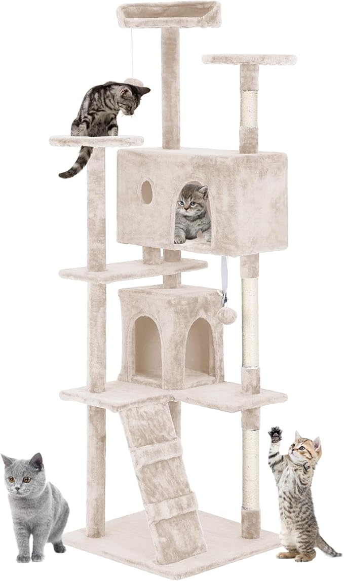 Cat Tree 69.3 inches Cat Tower for Indoor Cats Cat House with Replaceable and Removable Dangling Ball Cat Trees and Towers with Funny Toys, Beige