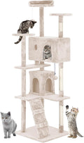 Cat Tree 69.3 inches Cat Tower for Indoor Cats Cat House with Replaceable and Removable Dangling Ball Cat Trees and Towers with Funny Toys, Beige