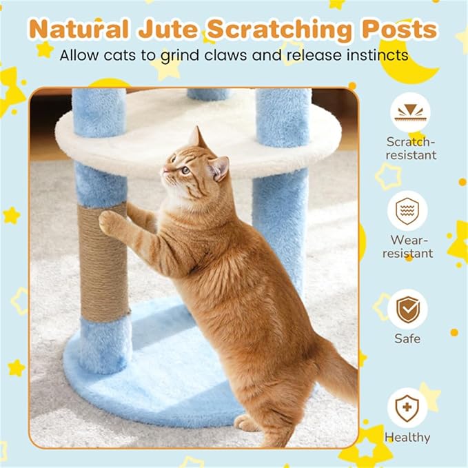 Moon & Star Themed Cat Tree Tower, 29" Tall, Cute Cat Tree for Indoor Cats, 4-Tier Cat Tree Tower for Indoor Cats with Jute Scratching Posts (Blue)