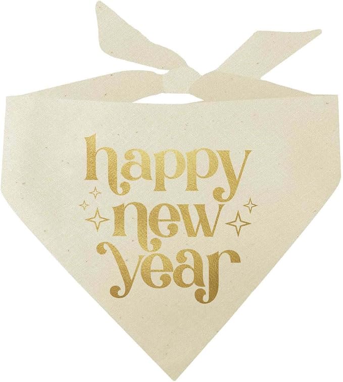 Happy New Year Dog Bandana | 100% Unbleached Cotton Adjustable Triangle | Made in USA | New Year's Eve | Celebration | Cheers to 2026 |Natural, One Size (970)