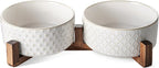 LE TAUCI Ceramic Dog Bowls with Acacia Wood Stand - 7 Inch Food & Water Set for Medium-Large Dogs - Weighted Pet Bowls