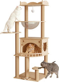 KVIDA Solid Pine Wood Cat Tree for Indoor Cats, 56.7” Tall Modern Cat Tower with Clear Acrylic Hammock & Condo House, Heavy Duty Wooden Cat Tree for Large Cats with Sisal Scratching Posts