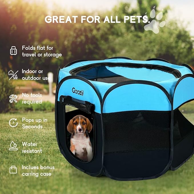 Dog Playpen for Large Dogs Portable Collapsible, Indoor Outdoor Cat Pet Puppy Exercise Play Pen Tent Crate Cage with Zipper Door Top Cover Floor for Camping (Large Size, Blue)