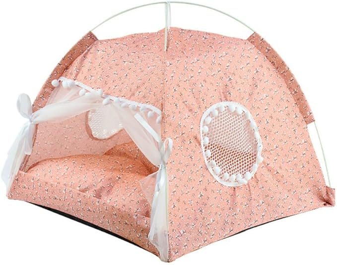 Cat Tent Cat Princess Indoor Cotton and Linen Tent House Detachable Cute Flower Cave Cat Nest Bed Portable Cat and Dog Tent (S,Pink)