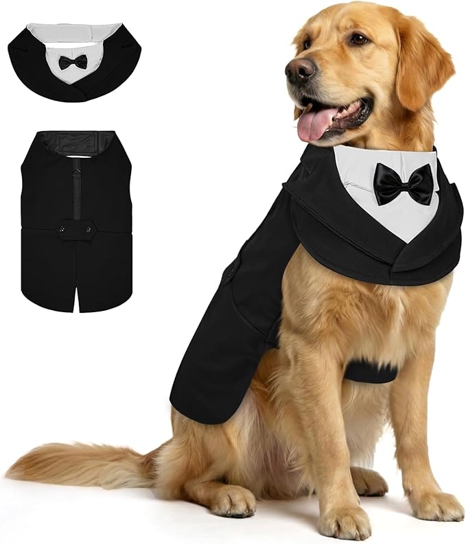 Supet Dog Tuxedo and Bandana Set with Bow Tie, Formal Outfit for Wedding Birthday Party Graduation Valentines, Pet Suit Clothes for Large Medium Small Dogs (Black, L)