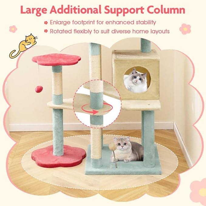 Cat Tree, 61 Inch Multi-Level Floral Kitten Tower with Flower Perch, Plush Platforms, Sisal Scratching Posts, Spring Ball Toy for Indoor Cats