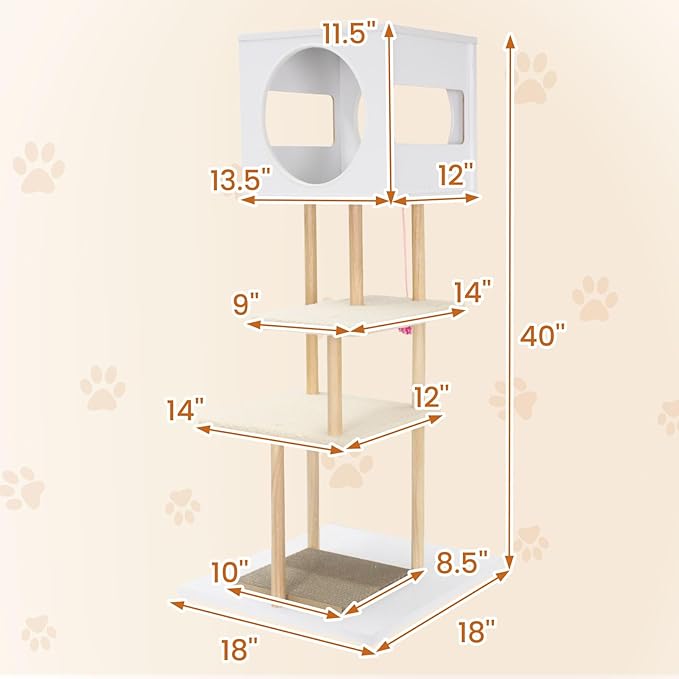 Tangkula Modern Cat Tree, 40 Inches Minimalist Wood Cat Tower with Rubber Wood Posts, 2 Cardboard Scratching Pads, 2-Door Condo, Dangling Ball, Jumping Platforms for Indoor Cats