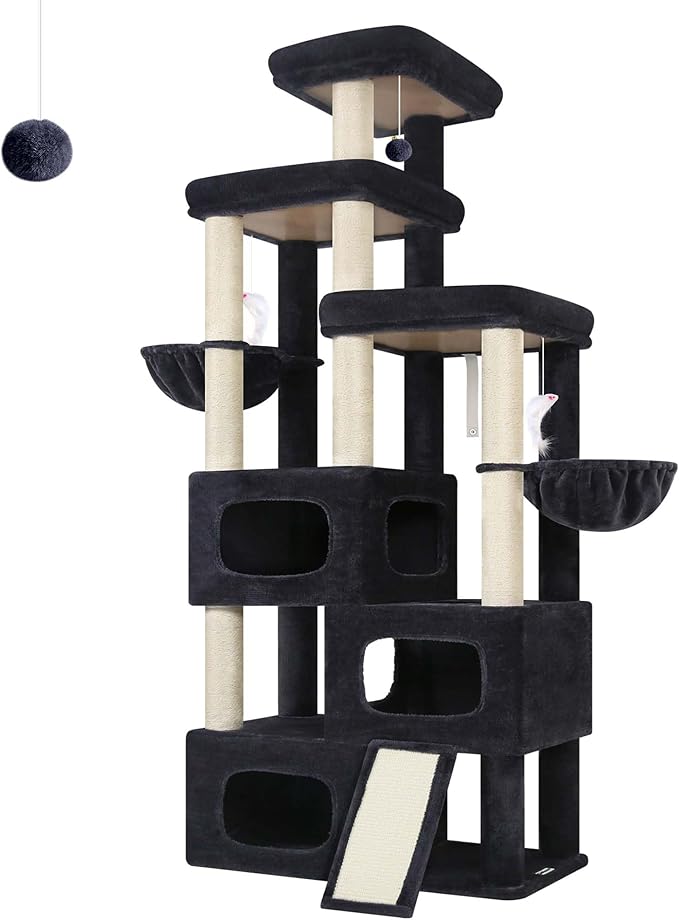 Globlazer 85 Inch Tall Cat Tree for Large Cats, Multi-Level Cat Tower for 4+ Cats with 3 Condos, 2 Hammocks & Sisal Posts, Heavy Duty Cat Tree Tower for Maine Coon, S85, Dark Grey