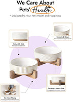 LE TAUCI PET Dog and Cat Bowl Set with Acacia Wood Stand - 2 Cup Ceramic Puppy Bowls for Cats &Small Dogs, Dual Food and Water Bowls with Weighted Non-Slip Base, Lines+Dot