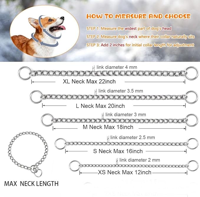 Slip P Chain for Large Dogs, Silver Metal Training Link Martingale Collars for XXS XS Small Medium XL Breed Dogs, L