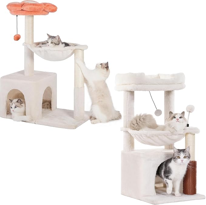 Small Cat Tree with Large Hammock and Cute Flower Cat Tree with Scratching Post for Indoor Cats