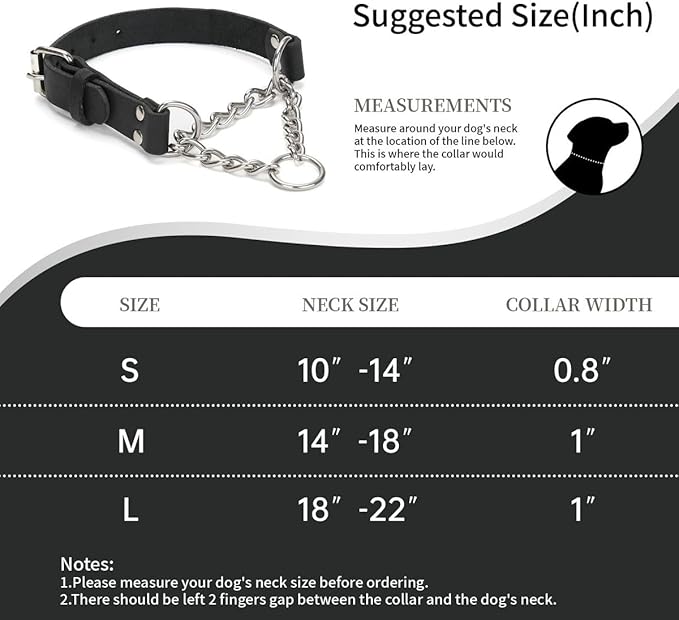 Martingale Collar for Dogs No-Pull Adjustable Training Collar with Stainless Steel Chain - Genuine Leather Anti-Slip Design for Small,Medium,Large Breed Dogs - Black (M)